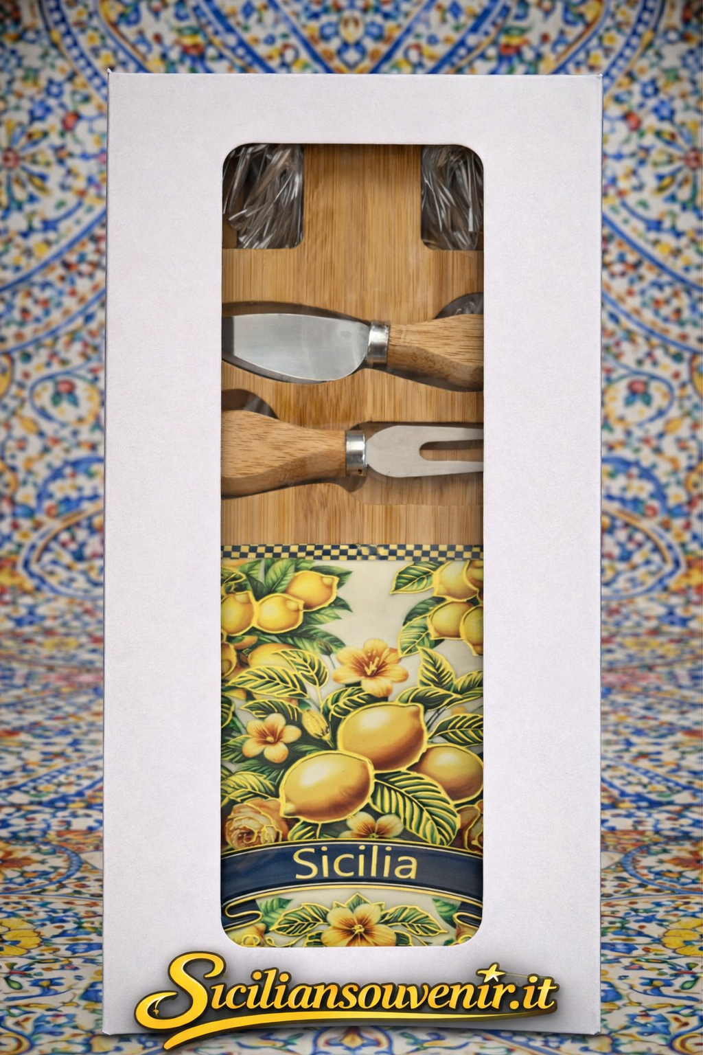 Set Tagliere Sicilia con Coltelli – Idea Regalo in Legno con Decoro Limoni