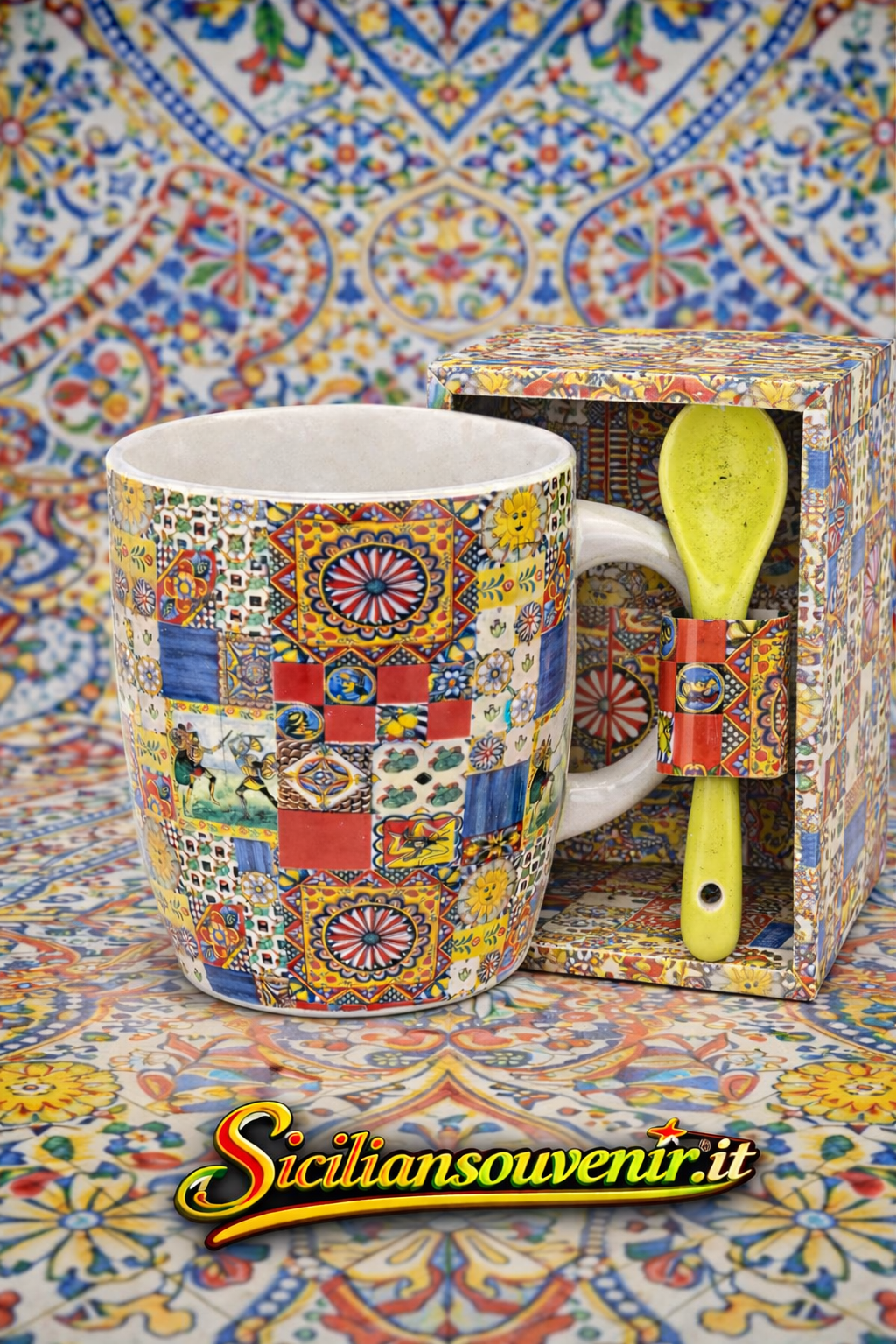 Set Tazza da Latte Siciliana con Cucchiaio – Decorazione Maiolica Tradizionale